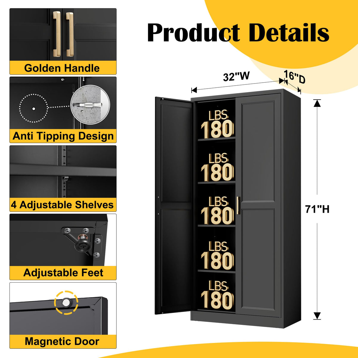 71"Metal Pantry Storage Cabinet with Doors & 4 Adjustable Shelves