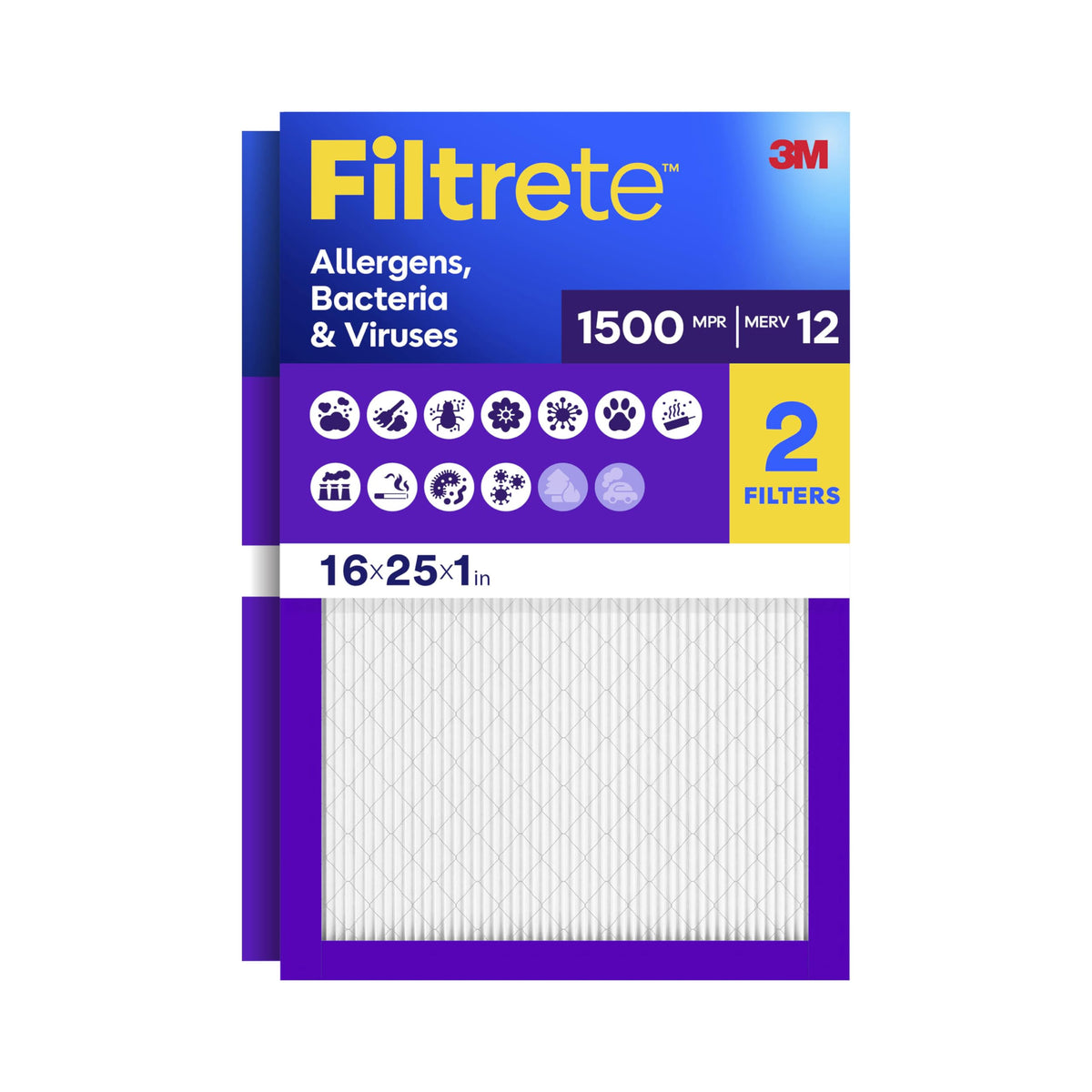 Filtrete 16x25x1 Air Filter, MERV 12, MPR 1500, 2 HVAC Filters