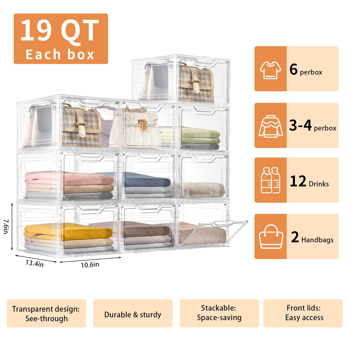 6 Pack Clear Storage Bins with Lids, 19 Qt Closet Organizers and Storage