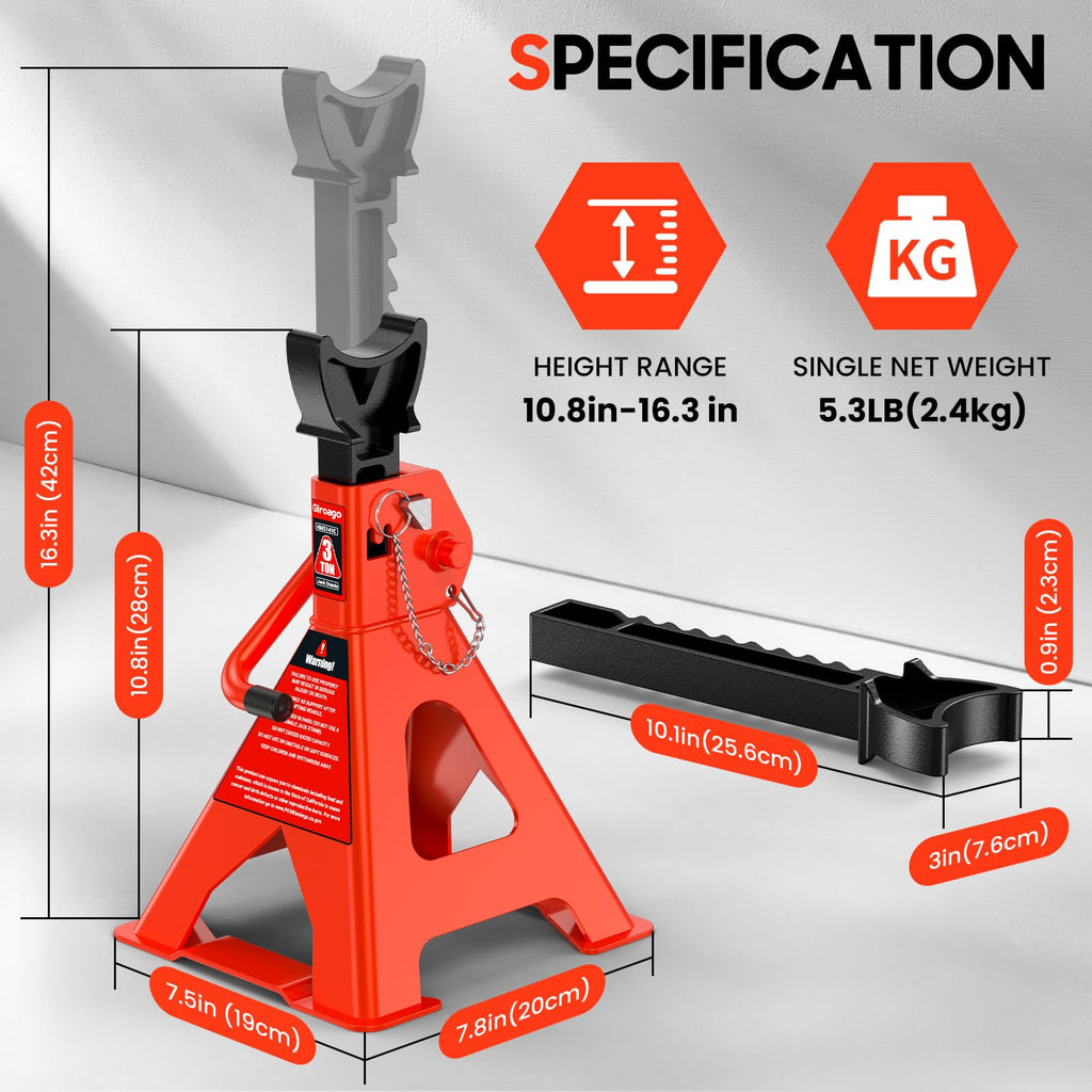 Jack Stands 3 Ton - Heavy Duty Vehicle Support with Dual Locking System, 11-16.1 inch Adjustable Height, High-Strength Steel Material and Large Base
