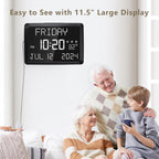 Digital Clock, 11.5" Large Display Calendar Clock with Day and Date, Indoor Temperature, Adjustable Brightness, Snooze,12/24H, DST for Home, Office