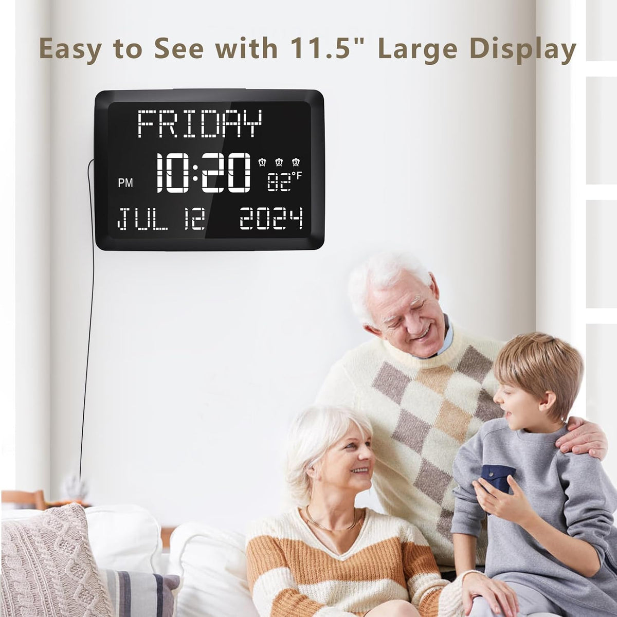 Digital Clock, 11.5" Large Display Calendar Clock with Day and Date, Indoor Temperature, Adjustable Brightness, Snooze,12/24H, DST for Home, Office
