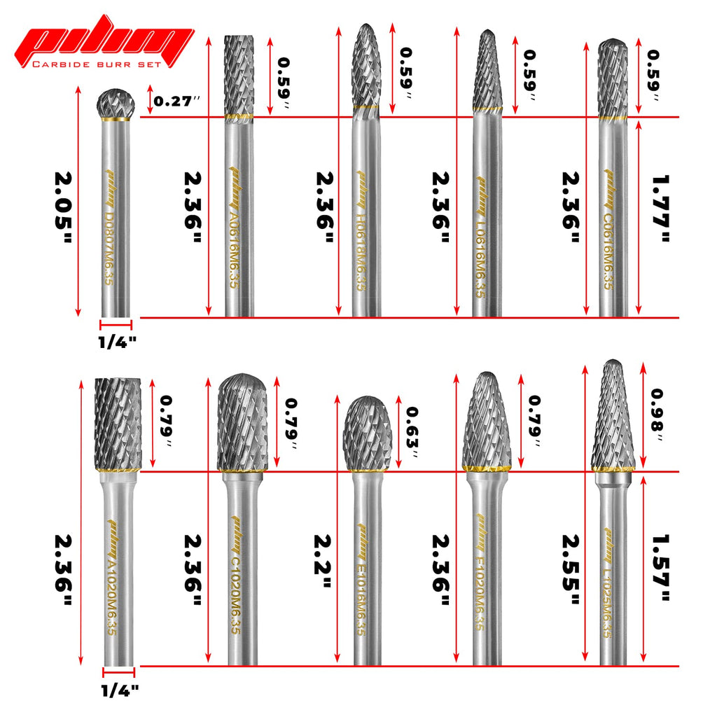 Tungsten Carbide Burr Set 1/4" Shank 10PC Double Cut Rotary Cutting Burrs Die Grinder Bits for Steel and Wood Working, Grinding, Carving, and