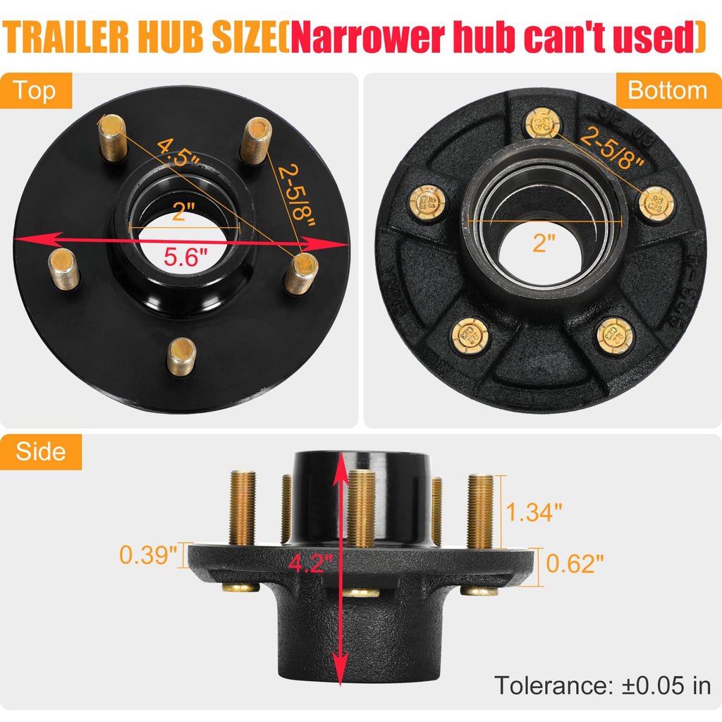 2 Sets 2000lb Trailer Axle Trailer Hub Kit 5 Bolt 4.5",Trailer Hub 5 Lug fit 1" and 1-1/16" Trailer Straight Spindle,5×4.5 Trailer hubs,Boat Trailer