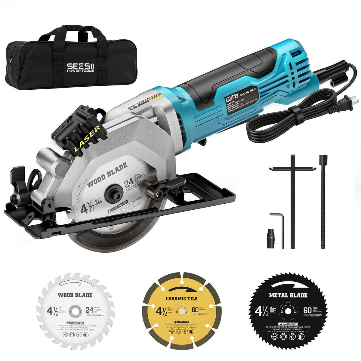 SEESII Mini Circular Saw, 4.8A 4000RPM Corded Compact 4-1/2" Saw with Laser