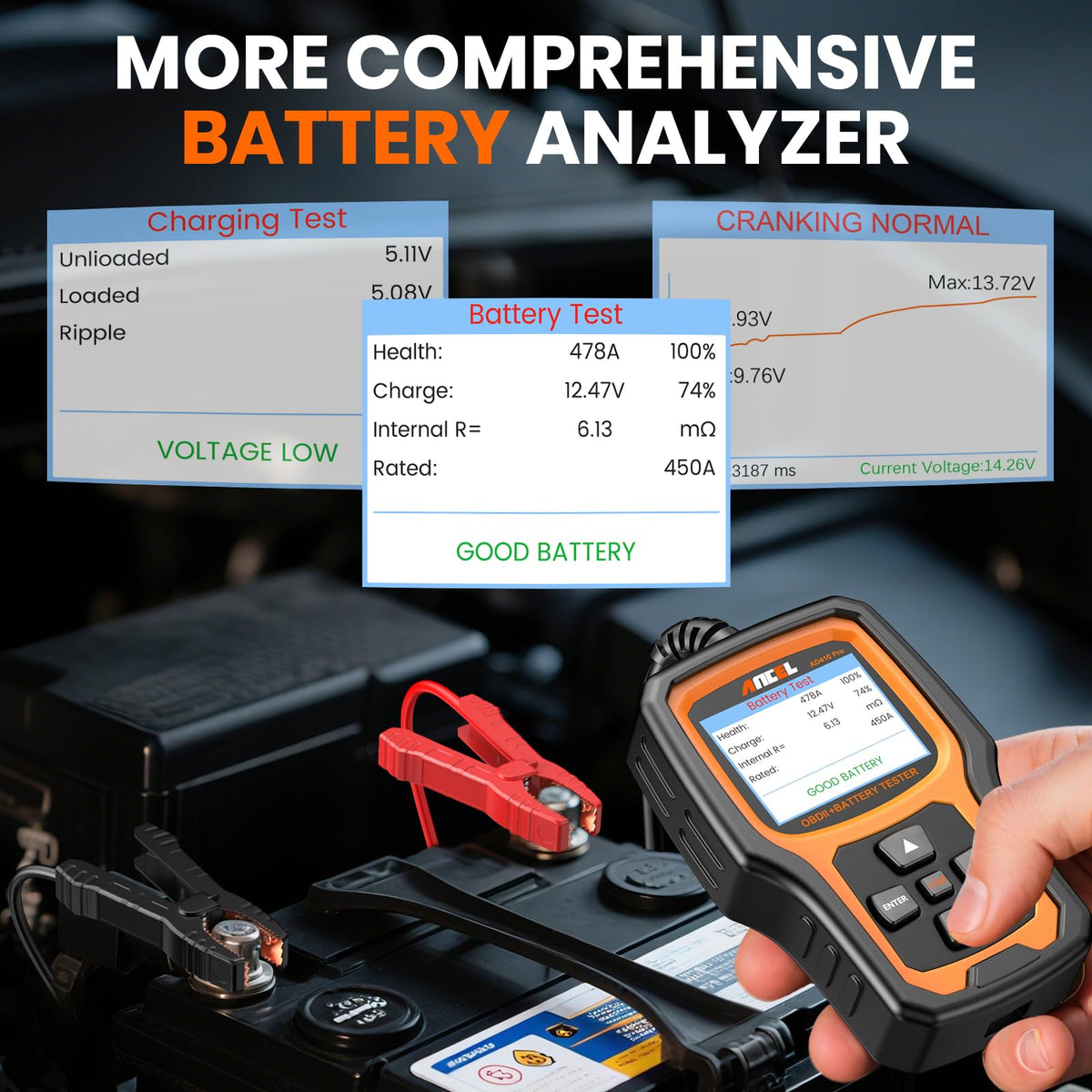 ANCEL AD410 PRO OBD2 Scanner and Battery Tester, 2-in-1 Car Diagnostic Tool, Check Engine Light, EVAP Test, Live Data, 12V Battery Analyzer with
