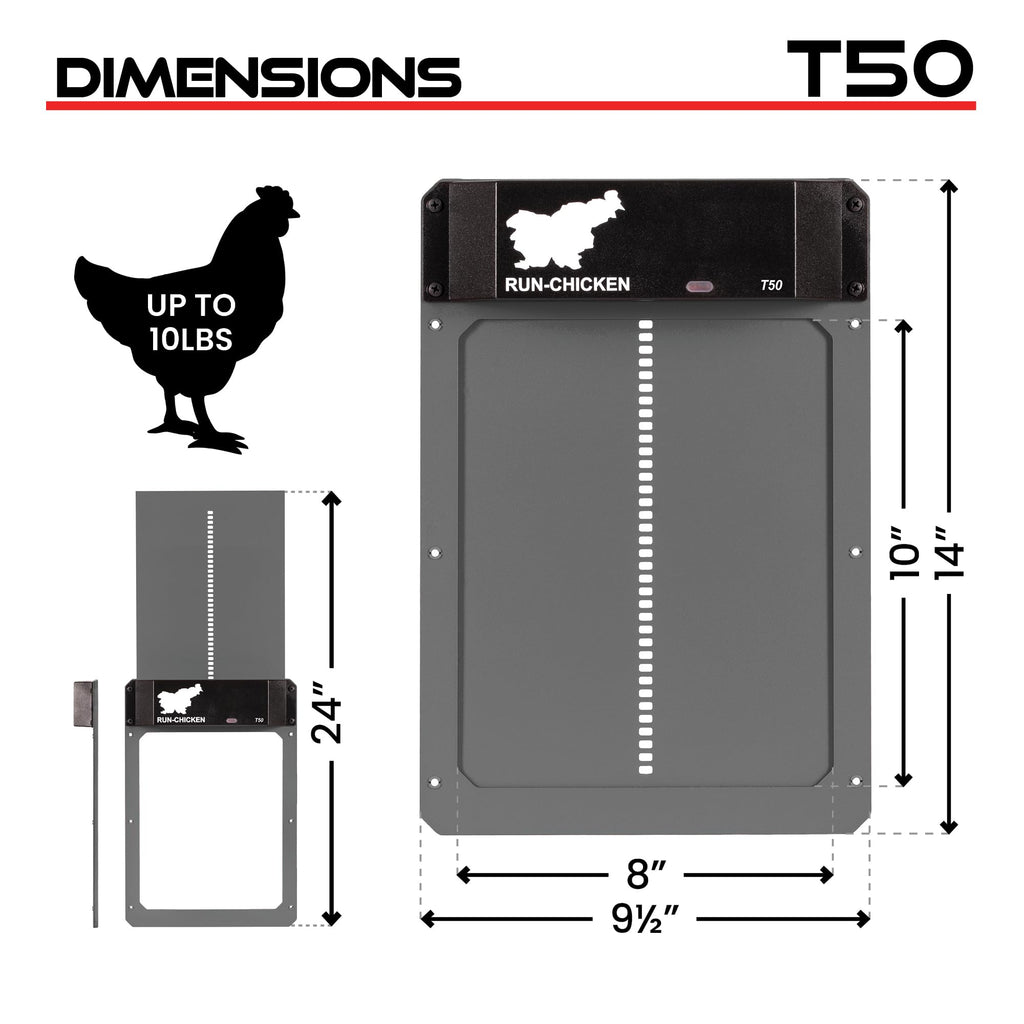 RUN-CHICKEN Door T50 – Automatic Chicken Coop Door Opener, Battery Powered & Weatherproof Aluminum, Smart App & Timer Control, Predator Proof, Easy