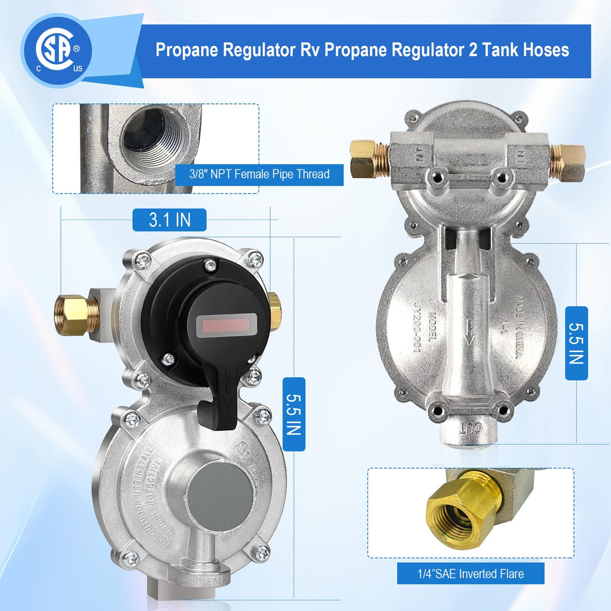 Rv Propane Regulator 2 Tank Hoses, LP Gas Regulator 2-Stage Auto Changeover Kit, Dual Tank Hoses with Propane Tank Gauge, Two-Cylinder Connection