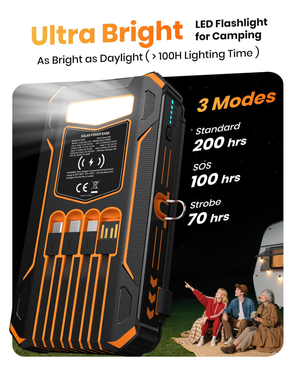 Solar Power Bank 48000mAh Wireless Portable Charger with 4 Cables