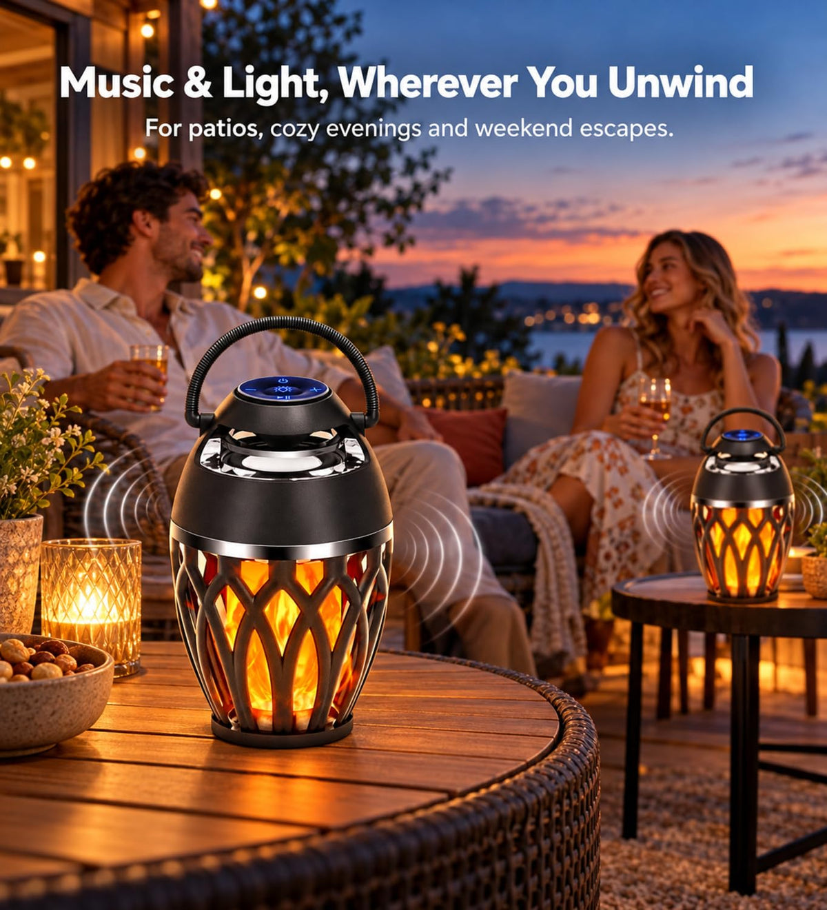 2 Pack Bluetooth Speakers Outdoor, Flame Effect Light, Gifts for Men Women