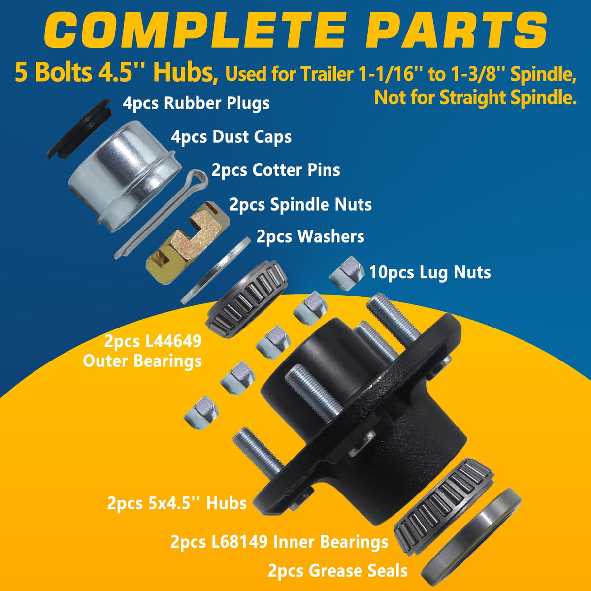 5x4.5 Trailer Hub Kits for 3500lb 1-1/16'' to 1-3/8'' Tapered Axle