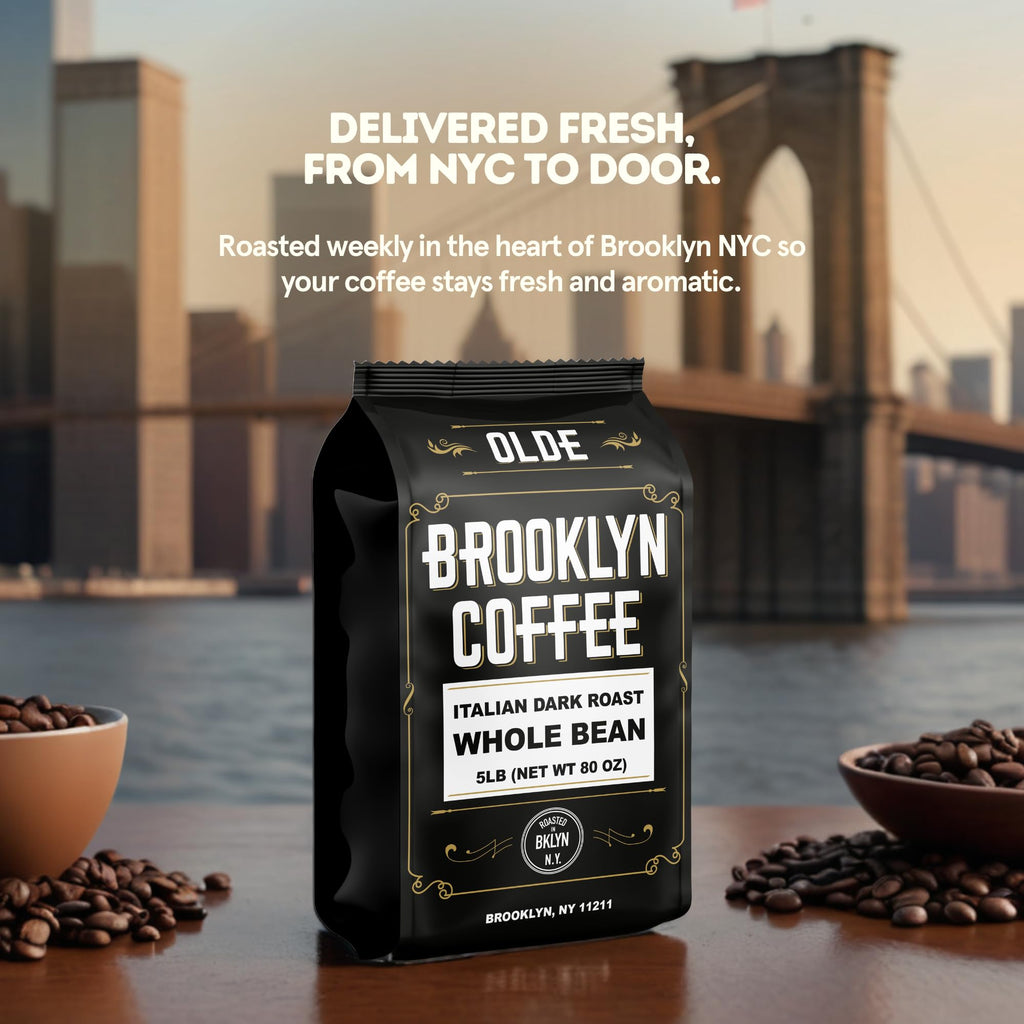 BROOKLYN COFFEE Whole Bean, Italian Dark Roast (5lb) Extra Strong, Delicious Taste, Heavenly Aroma - Fresh Bulk Coffee Beans Roasted Weekly in NYC