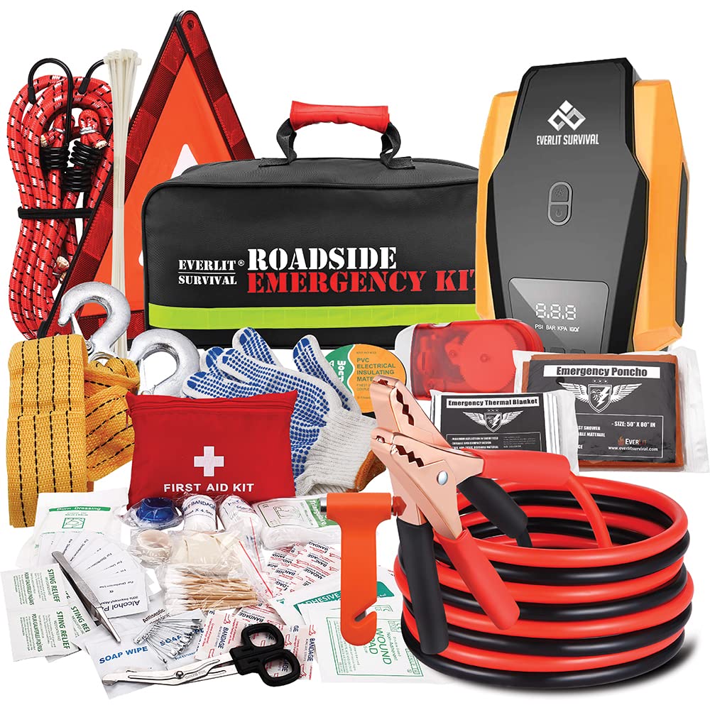 Everlit Survival Car Emergency Kit, Roadside Safety Tool Kit with Gloves,Digital Auto Air Compressor Tire Inflator, First Aid Kit, 12 Feet Jumper