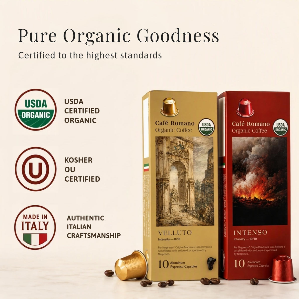 Organic USDA Café Romano Coffee Aluminum Espresso Pods For Nespresso Original Machine 100 Pack Italian Espresso Coffee (Variety pack)