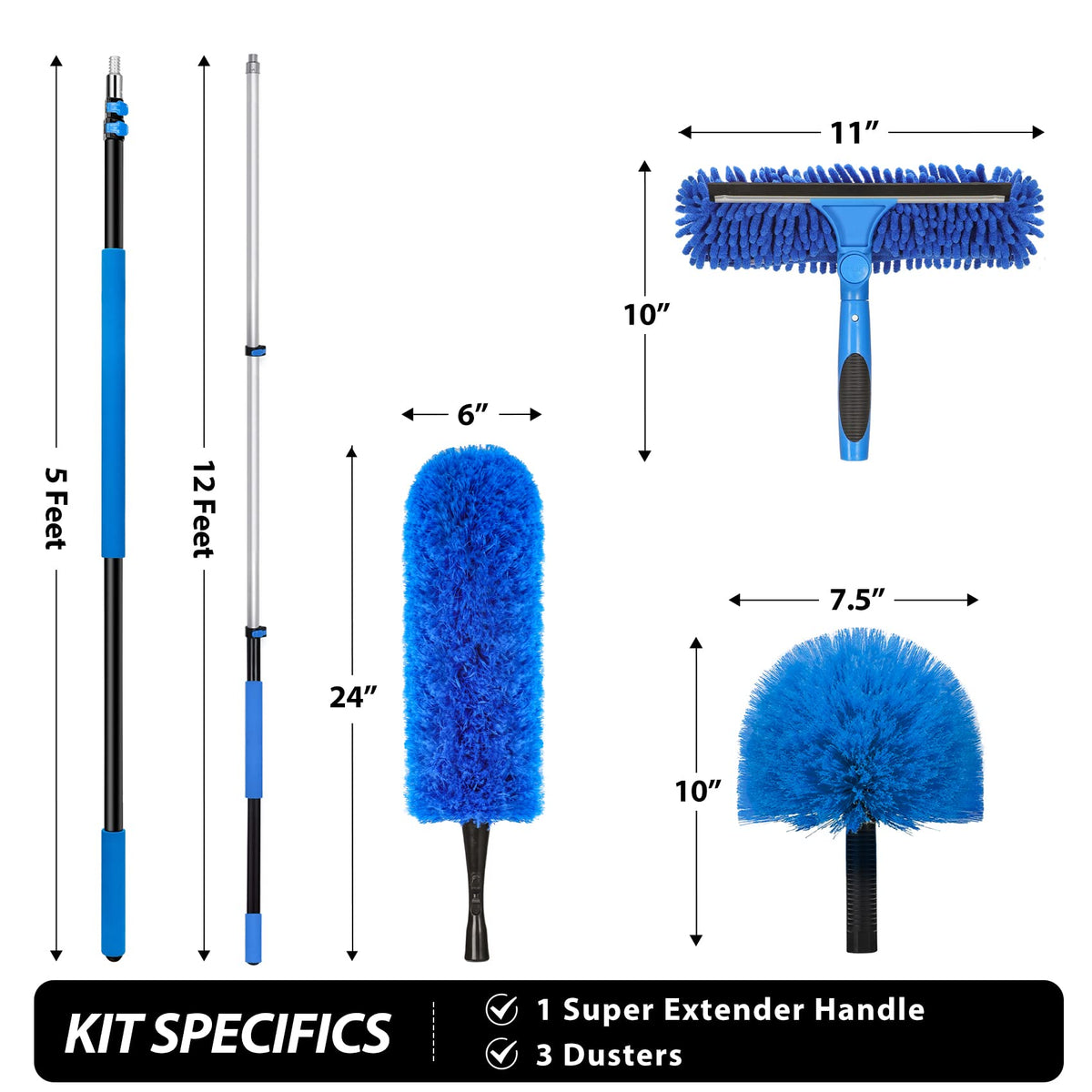 20 Feet High Reach Duster Kit with 5-12 Ft Extension Pole, Cobweb Duster with Telescoping Pole, Window Squeegee with Scrubber, Spider Web Brush, High