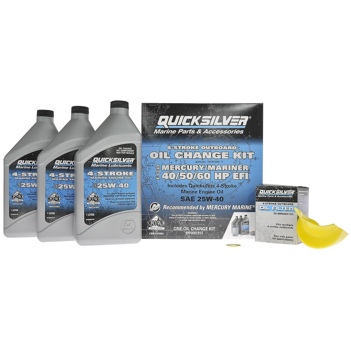 Quicksilver 4-Stroke Oil Change Kit – for Mercury Outboard Engines – 15, 20, 25, 30, 40, 50, 60, 75, 90, 115, 150, 175, 200, 225, 250, 300, 350, 400
