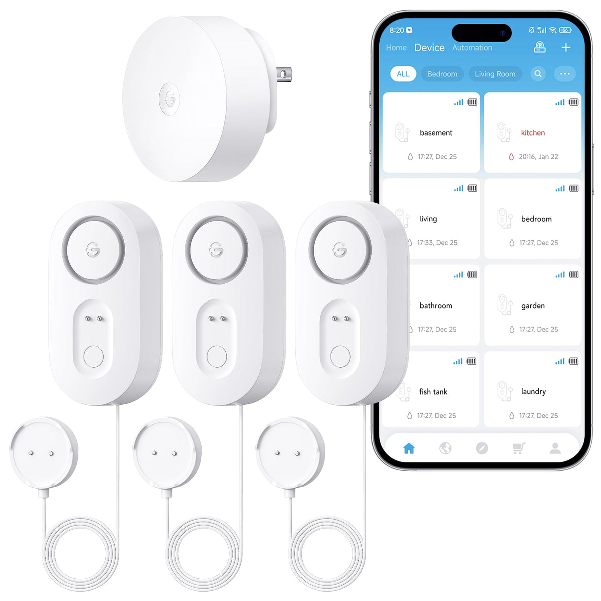 GoveeLife Upgraded Smart Water Leak Detector 1s with 4.92 ft Cable, 1 Pack