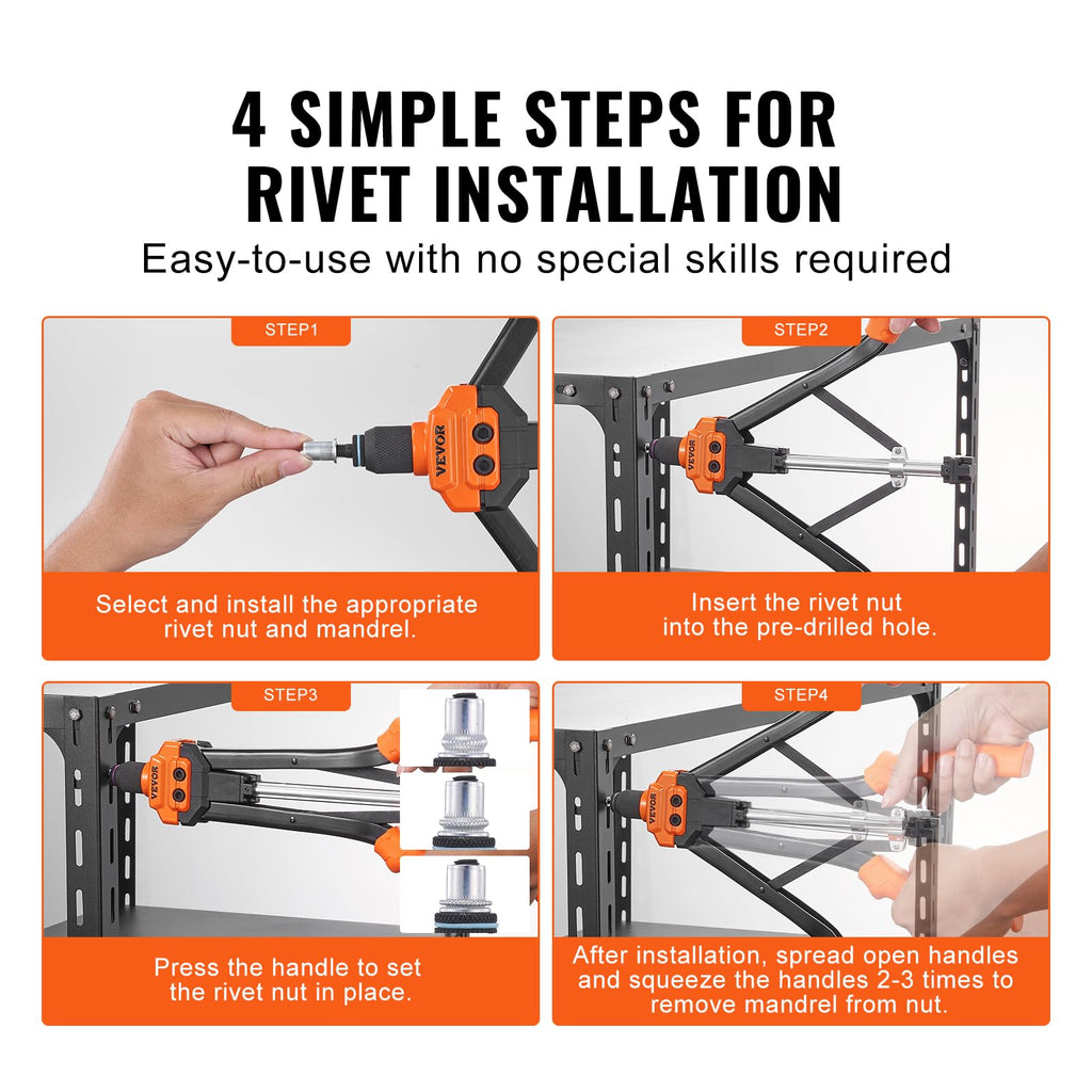 VEVOR Rivet Nut Tool, 16 inch Rivnut Tool Kit with 13PCS Metric and SAE Mandrels, 186PCS Rivet Nuts, Semi-auto Retraction, M3, M4, M5, M6, M8, M10