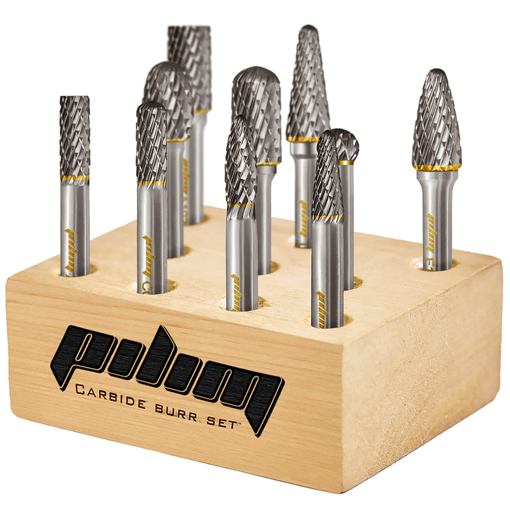 Tungsten Carbide Burr Set 1/4" Shank 10PC Double Cut Rotary Cutting Burrs Die Grinder Bits for Steel and Wood Working, Grinding, Carving, and