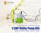 Green Expert 1/3HP Submersible Sump Pump Kit with 25FT Lay-Flat Discharge Hose, Pump with Hose, Water Sensor Automatic/Manual Low Water Drain Pump