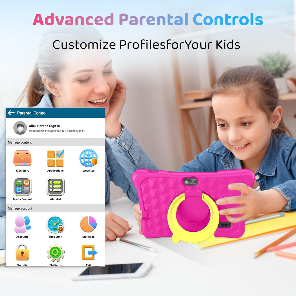 Kids Tablet, 7 inch Android Tablet for Kids, 6GB+32GB 1TB Expand, Quad-Core Tablets with Case, BT, WiFi, Parental Control, Games, Dual (Rose)