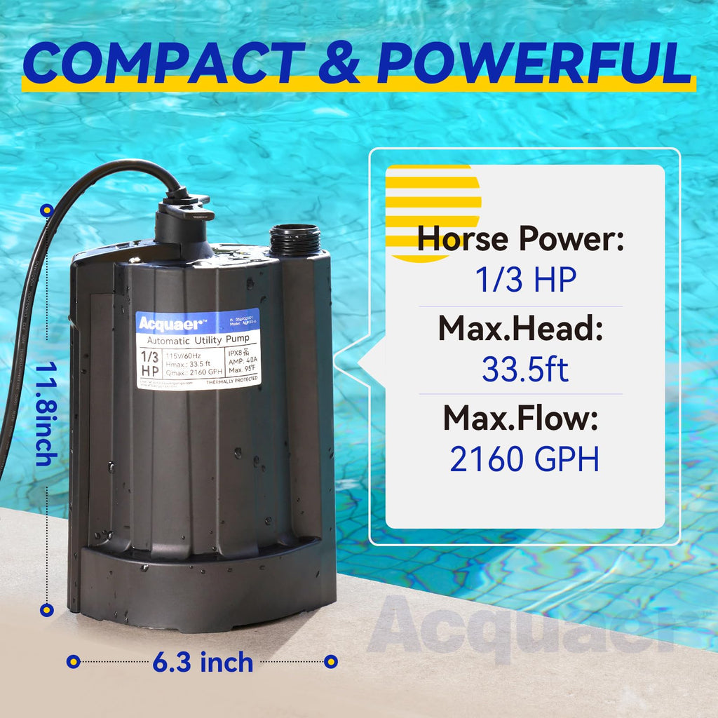1/3 HP Automatic Submersible Water Pump, 2160 GPH Sump Pump, 115V