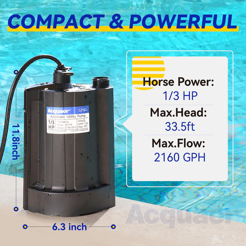 1/3 HP Automatic Submersible Water Pump, 2160 GPH Sump Pump, 115V