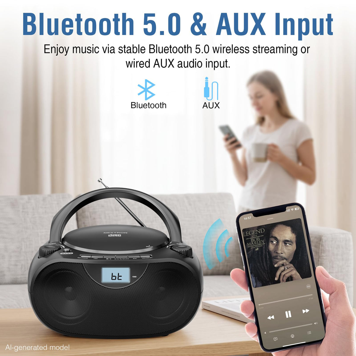 Portable CD Player Boombox with Bluetooth, AM/FM Radio & USB