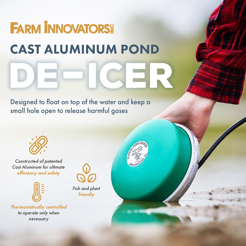 Farm Innovators 1250 Watts 7.5 Inch Cast Aluminum Floating Outdoor Pond De Icer Heater with Built in Thermostat Control and 10 Foot Cord, Green