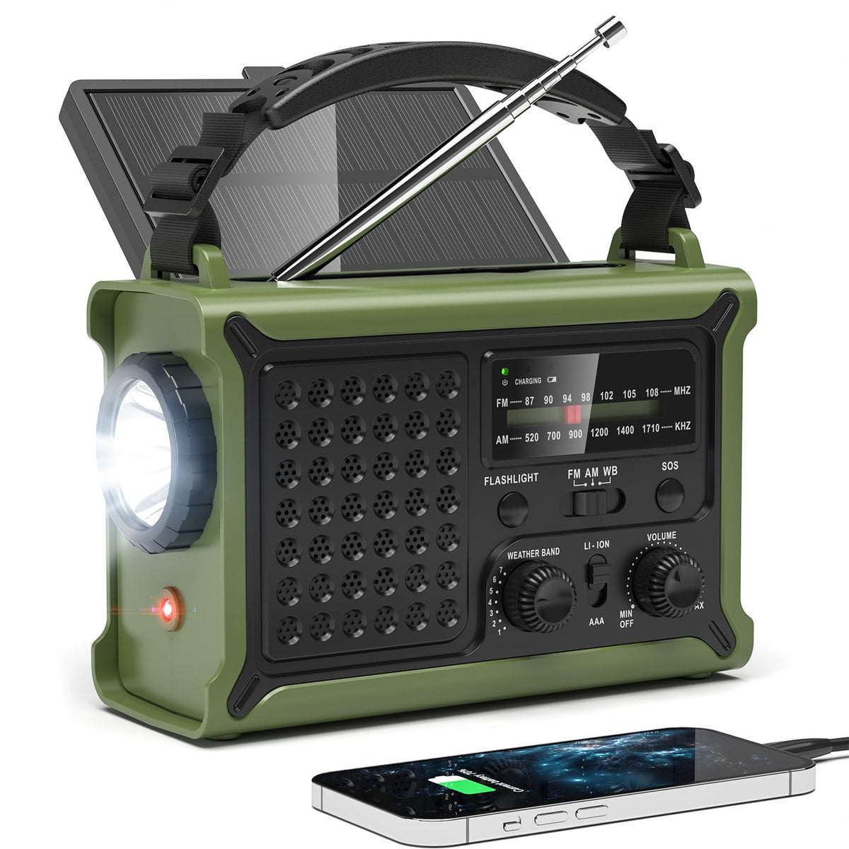 12000mAh/44400mWh Emergency Radio, NOAA Weather Radio, Hand Crank & Solar