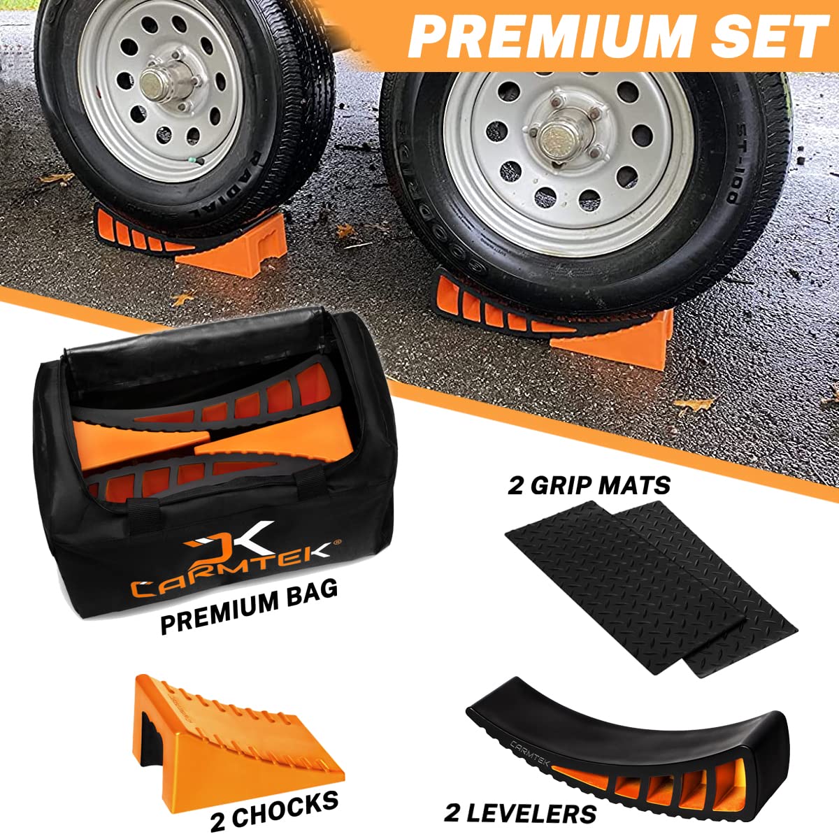 CARMTEK Camper Leveler Premium Kit - Curved RV Levelers with Camper Wheel Chocks, Rubber Mats and Carry Bag | Faster Camper Leveling Than RV Leveling