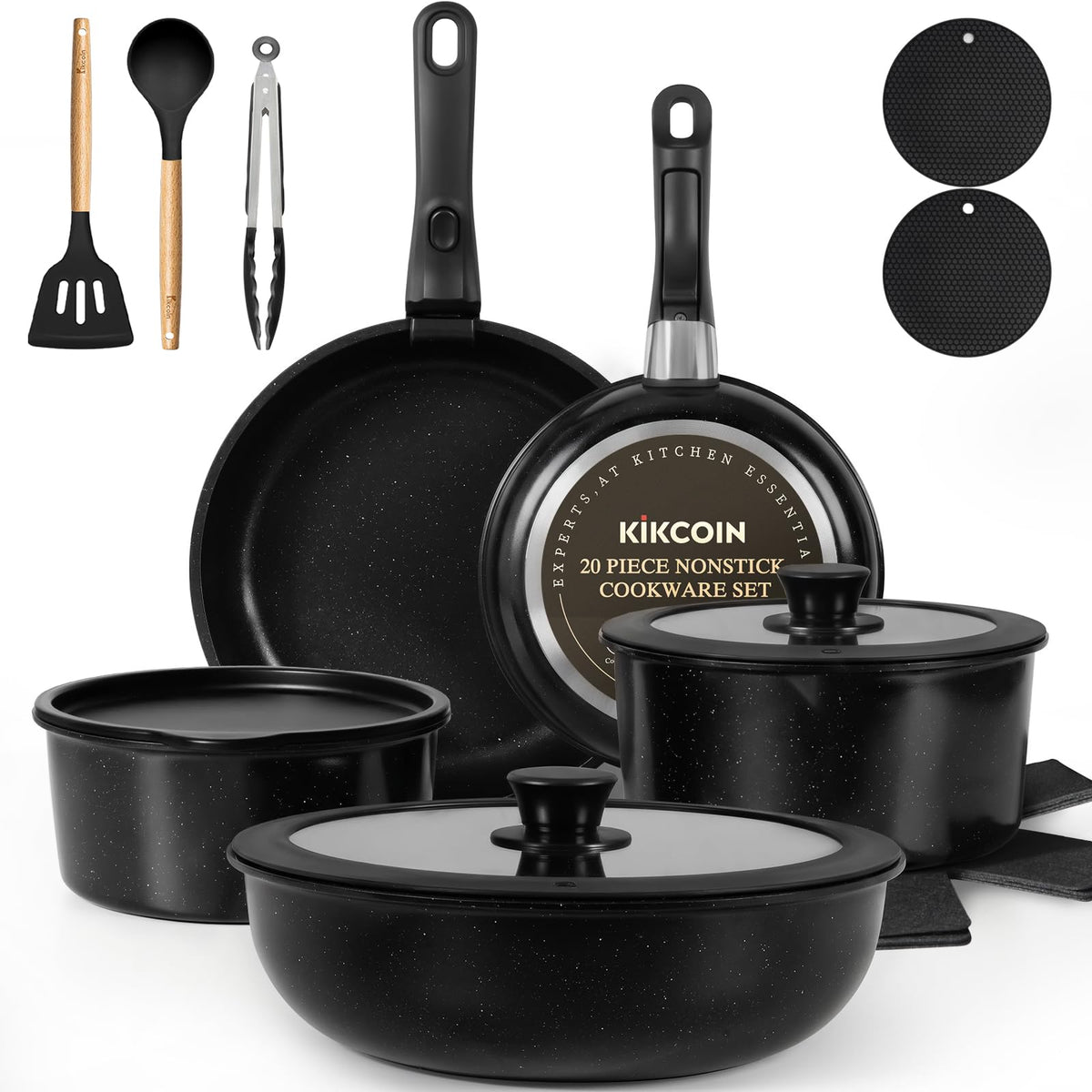Nonstick Pots and Pans Set - 20 Pack KIKCOIN Stackable Cookware Set with Detachable Handle, RV Kitchen Cooking Set with Removable Handles - Oven Safe