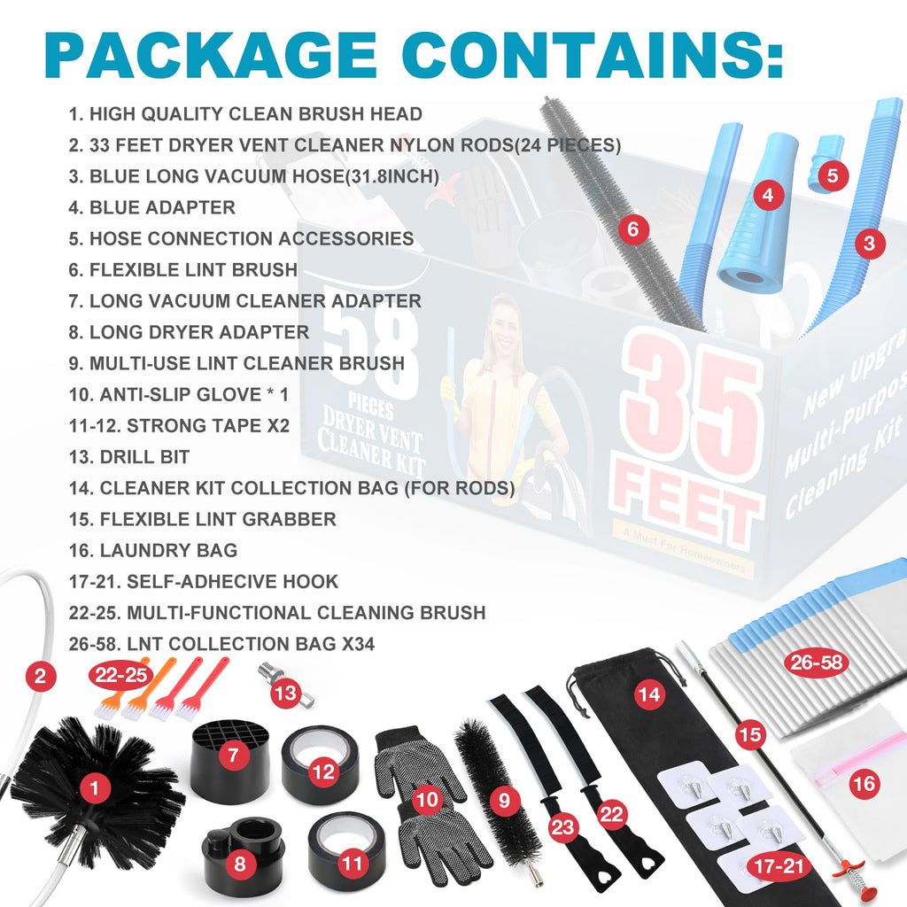 Sealegend 58-Pieces 35-Feet Dryer Vent Cleaner Kit, Dryer Cleaning Tools