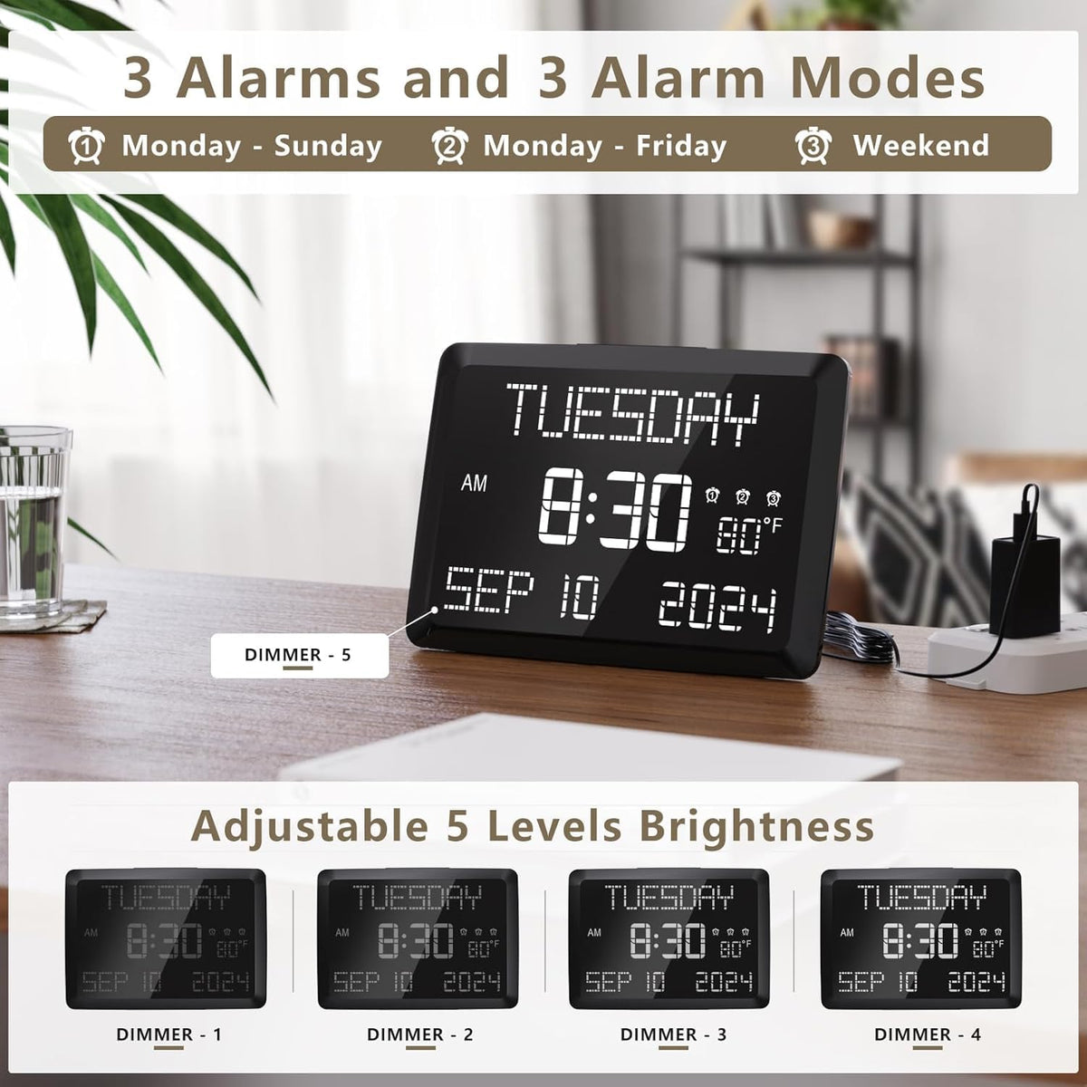 Digital Clock, 11.5" Large Display Calendar Clock with Day and Date, Indoor Temperature, Adjustable Brightness, Snooze,12/24H, DST for Home, Office