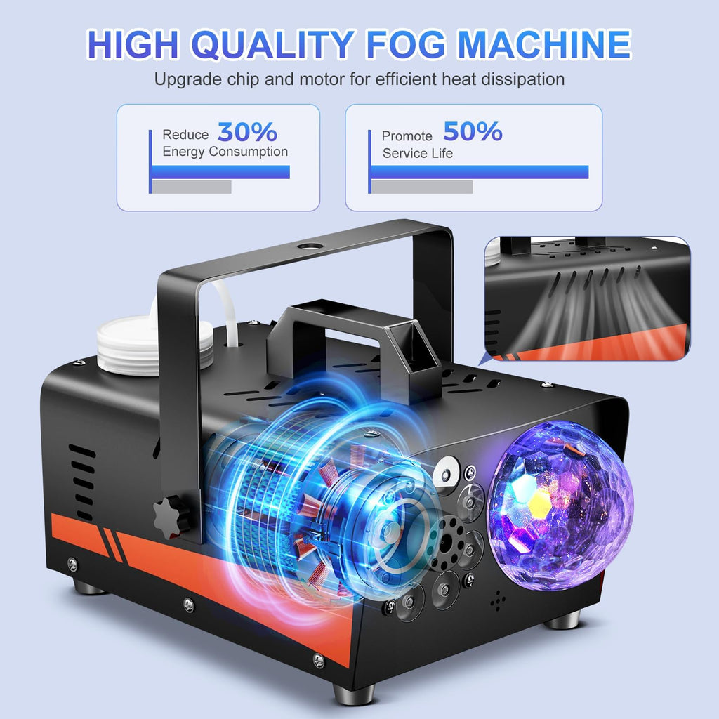 800W Fog Machine, 4500CFM for Halloween, Disco Light & Remote
