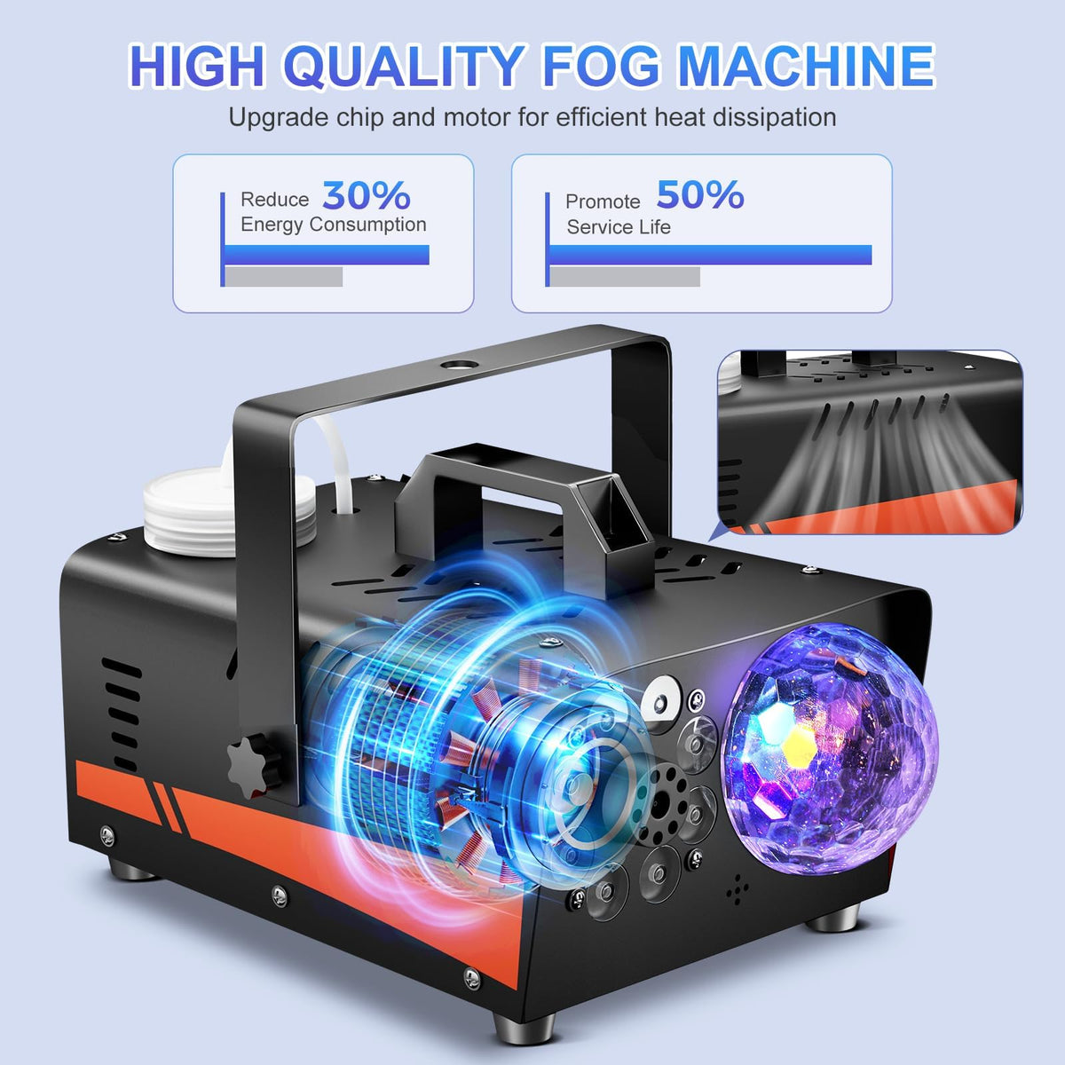 800W Fog Machine, 4500CFM for Halloween, Disco Light & Remote
