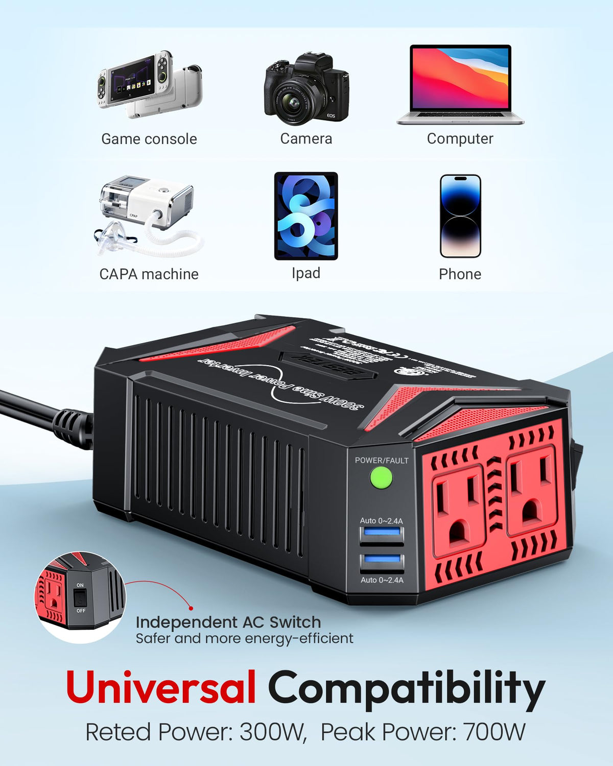 BESTEK Pure Sine Wave Power Inverter, 300W DC 12-17V to 110V AC Car Adapter