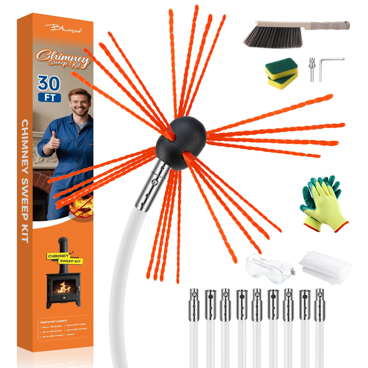 Bluesea 30FT Ergonomic Chimney Sweep Kit, Strong Brush & 9 Flexible Rods