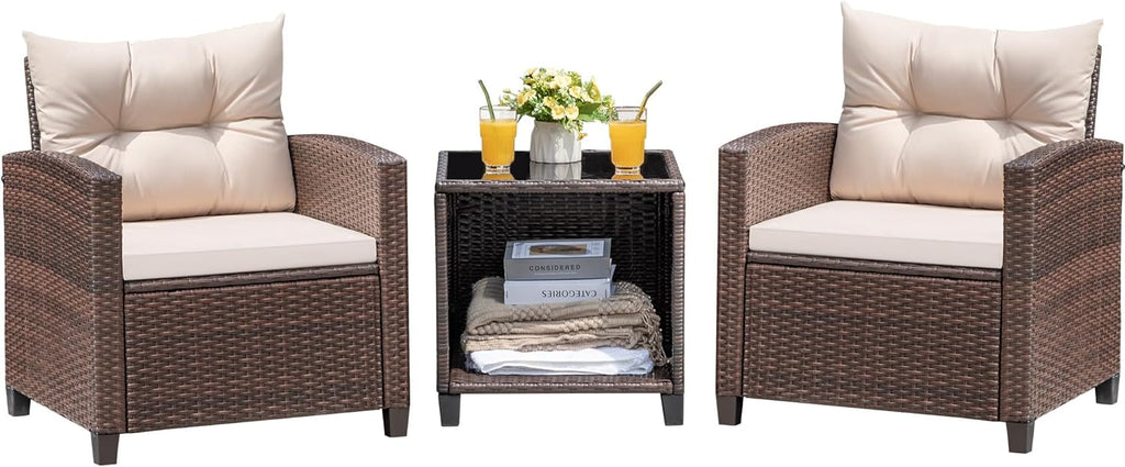 Devoko 3-Piece PE Rattan Patio Furniture Set With 2 Outdoor Chairs And Table, Brown - 26.8 x 25.2 x 29.5 inches