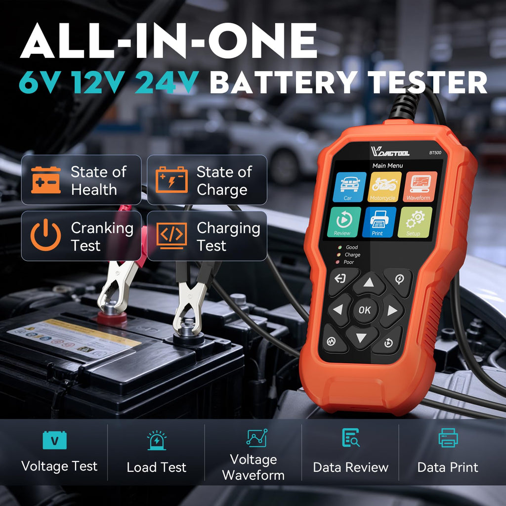 Car Battery Tester 6V 12V 24V VDIAGTOOL BT500, 5-3000 CCA Battery Load Tester, Starter Alternator Tester Automotive Charging Cranking System Analyzer