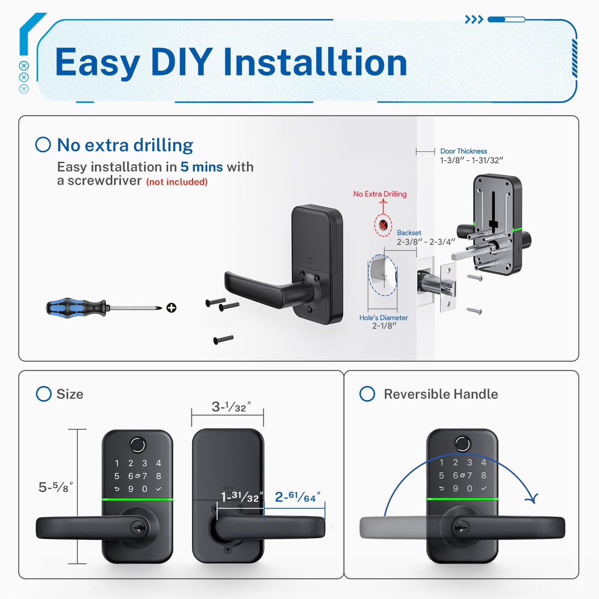 Keypad Smart Door Lock with Handle: Kucacci Keyless Entry Fingerprint Lock - Digital Code Handle with Keypad - Electronic Smart Knob for Front Door