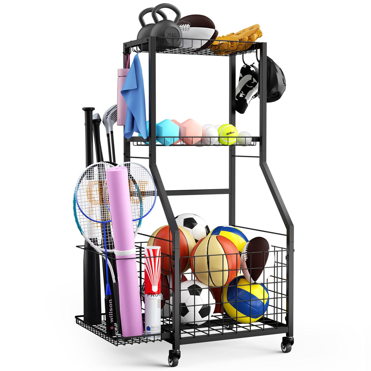 Sports Equipment Garage Organizer,Garage Ball Storage Rack for Sports with Wheels-Upgraded 3 Layers Sports Organizer Rack Outdoor Basketball Racks