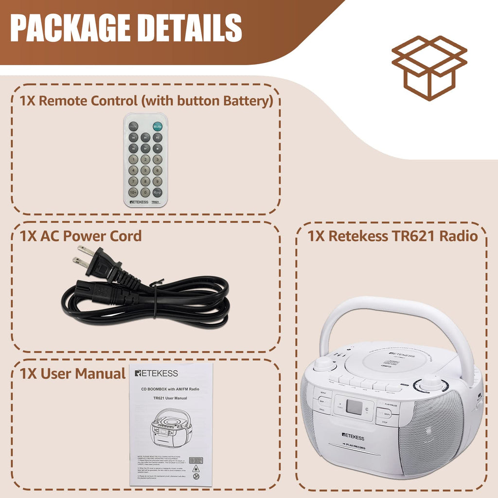 Retekess TR621 CD and Cassette Player Combo, Boombox CD Player(White)