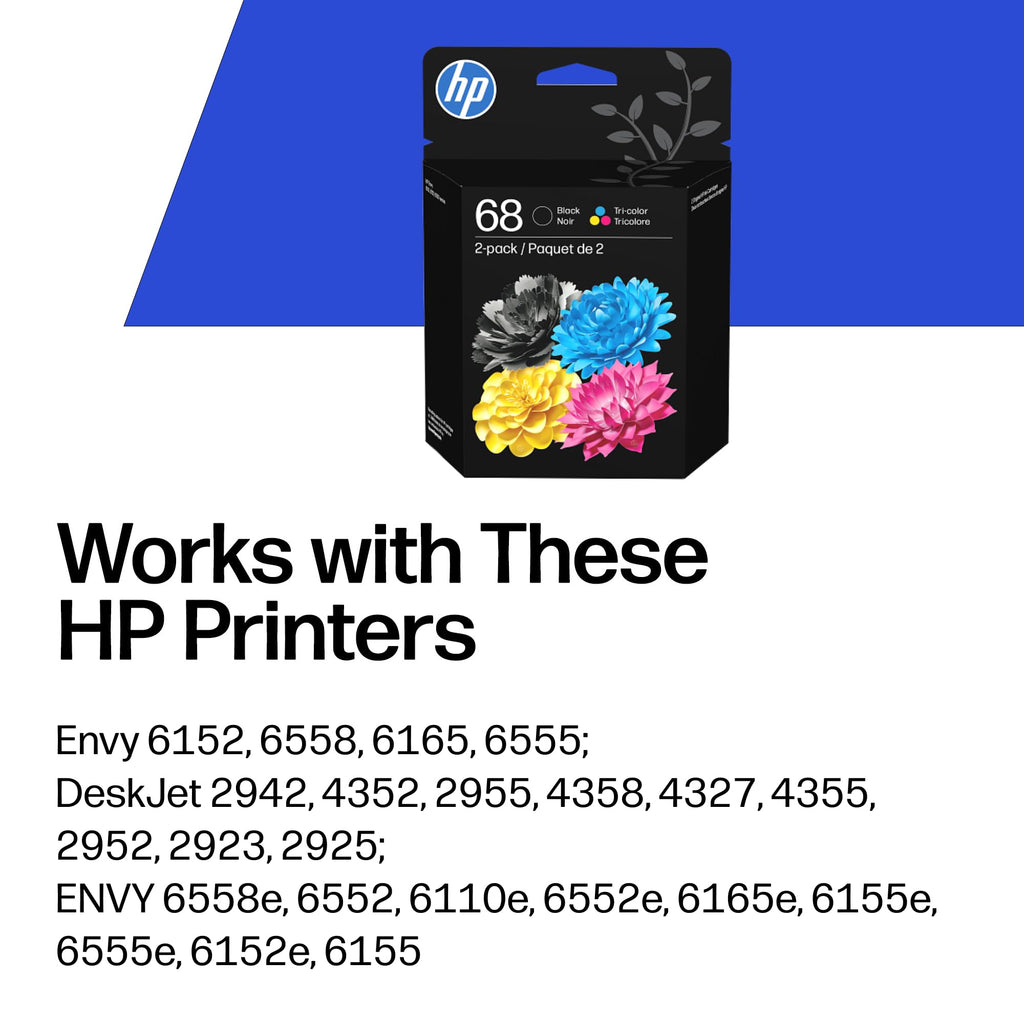 HP 68 Black/Tri-Color Ink Cartridges (2-Pack) | Works with Envy 6100e, 6500e Series | 6L6S2TN | Packaging May Vary