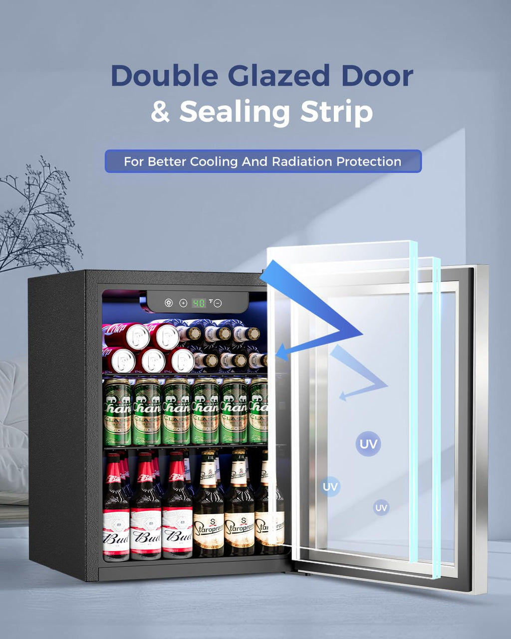 Feelfunn 68 Can Beverage Refrigerator, 1.7CuFt Mini Fridge with Glass Door