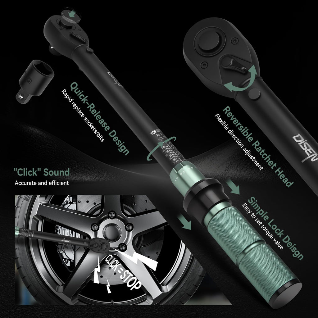 DISEN 9PC Click Torque Wrench Set 1/4" 3/8" 1/2" ±3% Accuracy Storage Box