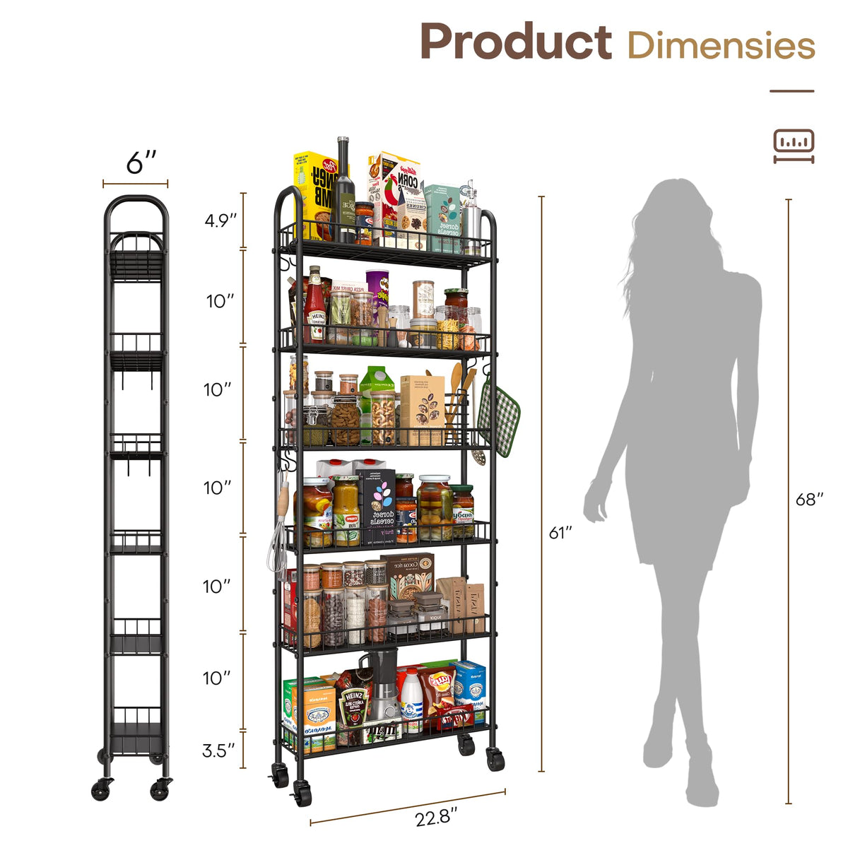 Slim Rolling Storage Cart with Wheels, Metal 6 Tier Spice Rack Mobile Shelving Unit Organizer Kitchen Utility Cart for Office Bathroom Kitchen
