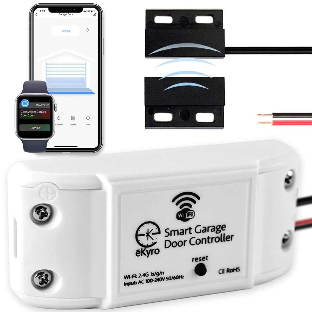 eKyro Smart Garage Door Opener - Universal WiFi Remote Controller Compatible with Alexa, Google Home, iPhone, Siri, Android, Door Left Open Alert