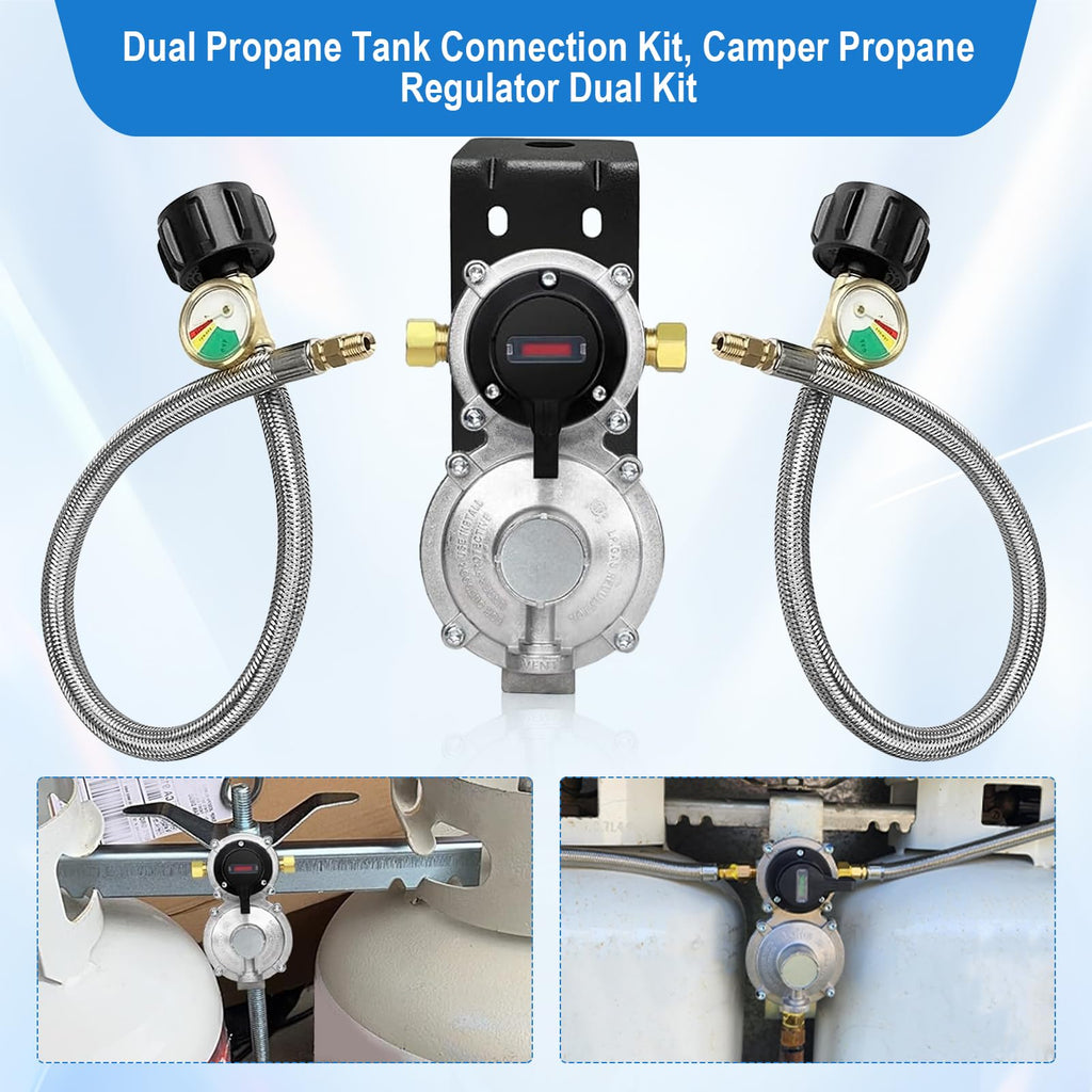Rv Propane Regulator 2 Tank Hoses, LP Gas Regulator 2-Stage Auto Changeover Kit, Dual Tank Hoses with Propane Tank Gauge, Two-Cylinder Connection