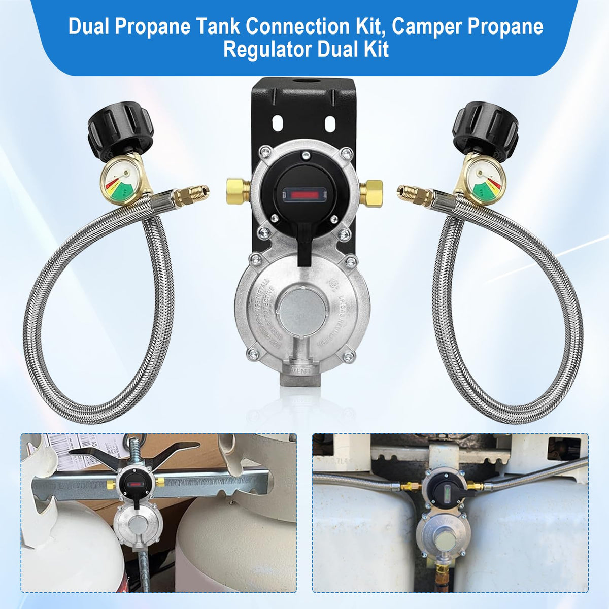 Rv Propane Regulator 2 Tank Hoses, LP Gas Regulator 2-Stage Auto Changeover Kit, Dual Tank Hoses with Propane Tank Gauge, Two-Cylinder Connection